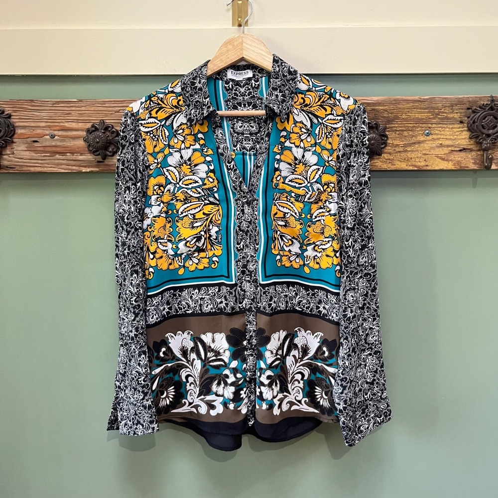 Express The Portofino Shirt Floral Scarf Print Teal Yellow Button Up Blouse L